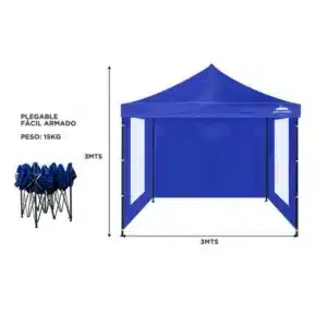 Gazebo 3x3m azul plegable + pared c/u - Imagen 2